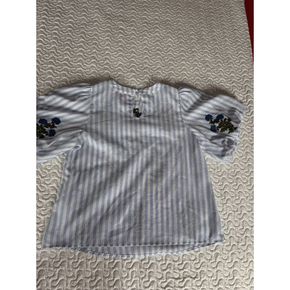 THML Blue White Striped Floral Embroidered Puff Sleeve Top Blouse Small Coastal - Picture 3 of 7